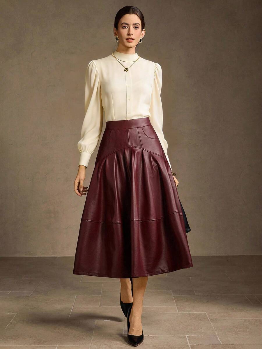 MOTF PREMIUM WOMEN'S ENCORE RED PU LEATHER PLEATED A-LINE SKIRT - Red - View 1