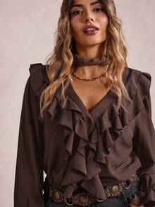 Freevana Plus Size Elegant V-Neck Long Sleeve Shirt With Ruffle Trim - Coffee Brown - View 5