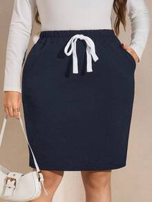 SHEIN LUNE Plus Size Solid Color Twist Pocket Elegant Office Skirt Fall - Blue - View 4