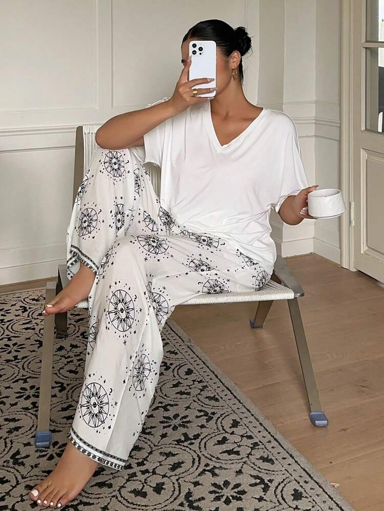 Dazy Plus Plus Size Solid V-Neck Short Sleeve Top And All-Over Print Long Pants Pajama Set