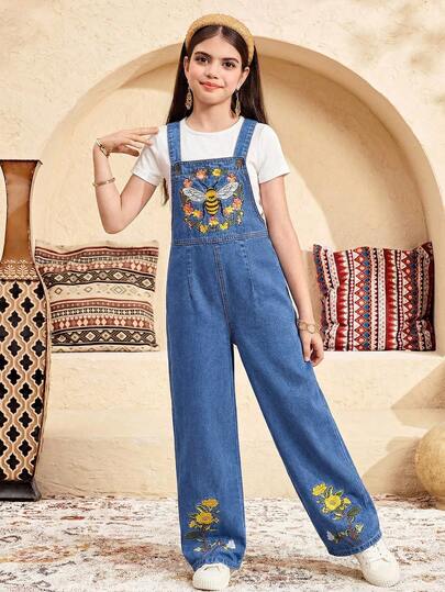 SHEIN Tween Girls Fashion Casual Y2k Vintage Cool Street Bee Embroidery Patterns Blue Denim Loose Overalls With Floral For Tween Girl Clothes Tween Girls Dailywear And Tween Girl Spring And Summer Rave Outfits Festival And Outfits Streetwear Clothes