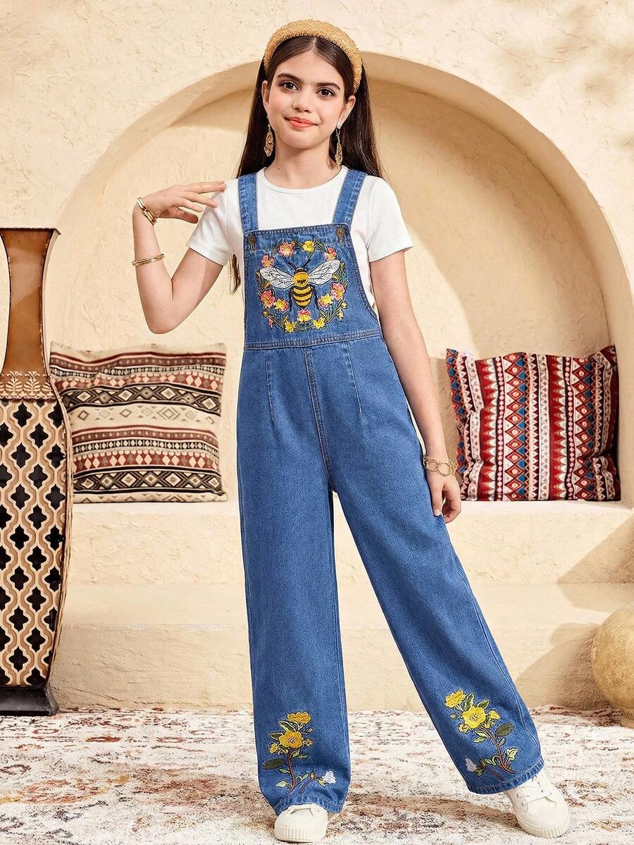 SHEIN Thời trang thiếu nữ tuổi teen phong cách Y2K cổ điển, cá tính, đường phố, thêu hình ong, quần yếm denim xanh dáng rộng với họa tiết hoa, thích hợp mặc hàng ngày, dự tiệc mùa xuân hè, lễ hội và các hoạt động đường phố. - Màu xanh lam - Xem 1