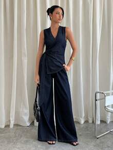 Siren Gaze Women's Criss-Cross V-Neck Tie Waist Vest And Wide Leg Jeans Set - Dark Wash - View 5