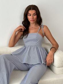 EURMUSE Bộ đồ hai mảnh kẻ sọc dành cho nữ gồm áo hai dây peplum buộc dây và quần ống rộng cạp cao cùng màu, thích hợp mặc hàng ngày. - Xanh và trắng - Xem 6