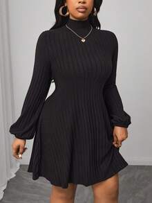 Truni Plus Size Solid Color Stand Collar Long Sleeve Minimalist Short Casual Dress, For Pear Triangle Body Shape - Black - View 3