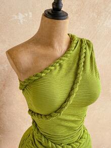 SHEIN WYWH 新款度假风扭肩修身抽绳迷你连衣裙，波西米亚风，度假风，秋季女装，复古风，假日风 - 綠色 - 查看 7