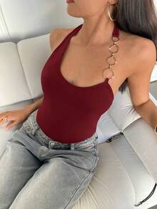 Aloruh Music Festival Circle Decor Halter Bodysuit - Burgundy - View 6
