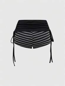 ROMWE J-Fashion Y2K Sexy Striped Bat Wing Ruffle Drawstring Off Shoulder Women's Suit - Black - View 6