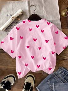 Áo thun ngắn tay cổ tròn, kiểu dáng tối giản, in hình trái tim nhiều màu sắc dễ thương được vẽ tay, thích hợp cho bé gái tuổi teen. - Nhiều màu - Xem 3