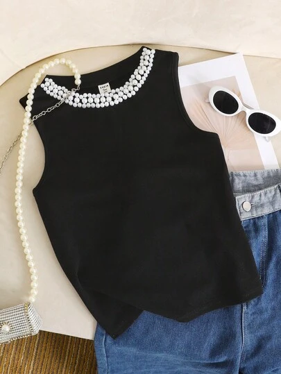 SHEIN Teen Girls Elegant Faux Pearl Beaded Round Neck Tank Top, Summer