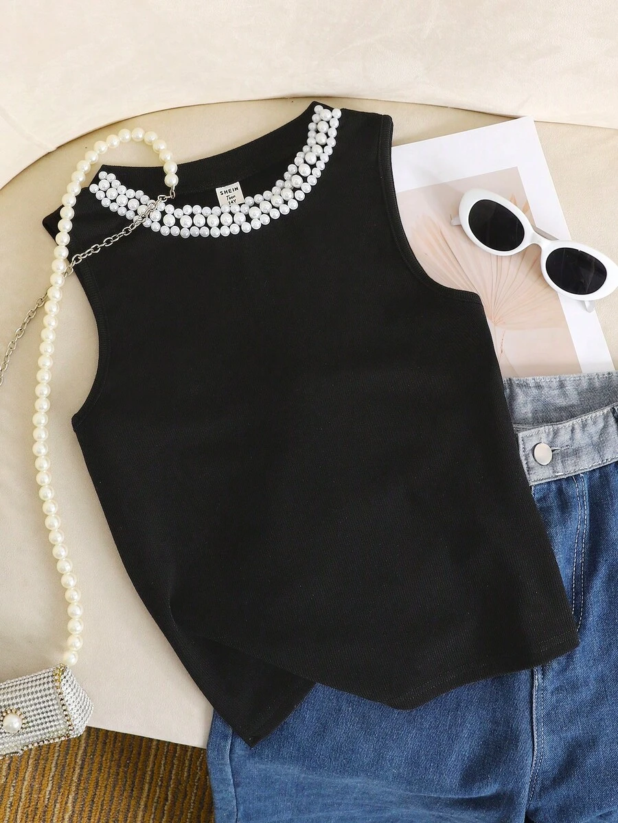 SHEIN Teen Girls Elegant Faux Pearl Beaded Round Neck Tank Top, Summer - Black - View 1