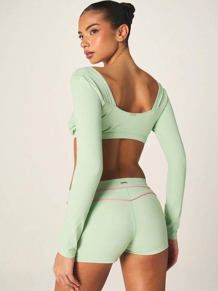 Missguided x Playboy Long Sleeve Deep V-Neck Crop Top With Pink Bunny Logo Athletic Mint Training Workout Top