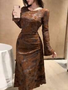 DAZY Spring/Summer Elegant Floral Lace Long Sleeve Midi Dress, Suitable For Valentine's Day, Wedding, Party, Formal Occasion, Commute - Brown - View 2