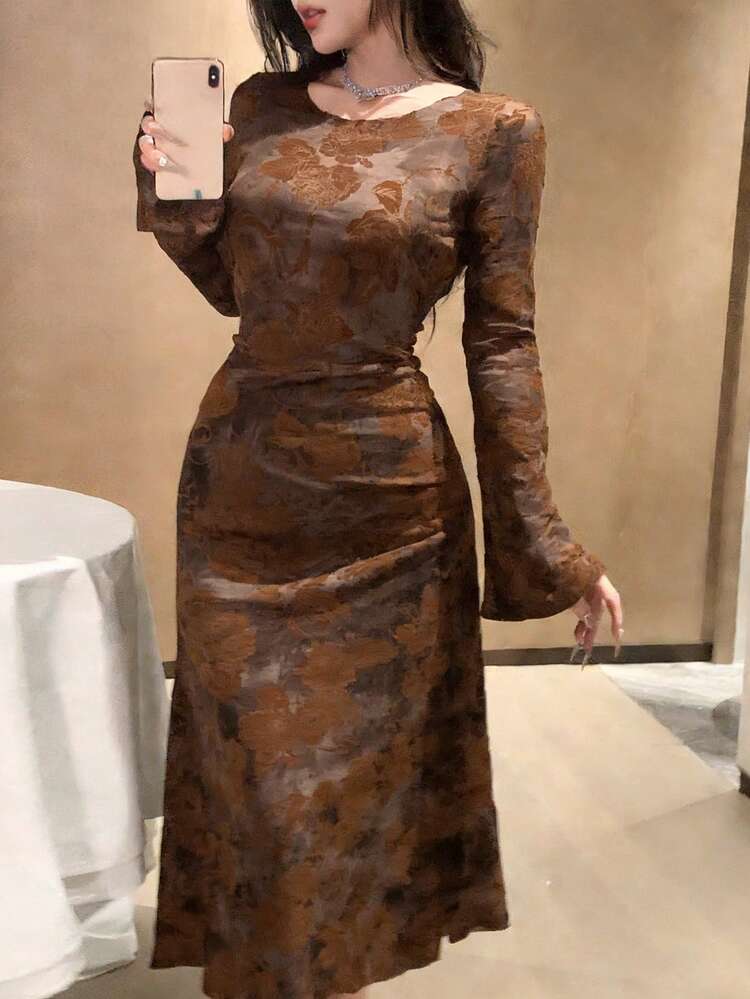 Spring/Summer Elegant Floral Lace Long Sleeve Midi Dress, Suitable For Valentine's Day, Wedding, Party, Formal Occasion, Commute