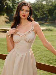 Vintamour Vintage Classic Elegant Floral Ruffle Hem Fit & Flare Dress, Apricot Color Umbrella Skirt Slip Dress For Spring/Summer - Apricot - View 5