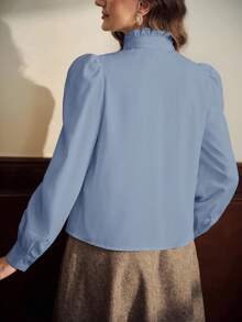 Vintamour 复古优雅女士衬衫，荷叶边领口和褶皱细节设计，长袖休闲工作装，适合秋季返校季、冬季办公室穿着，也可作为生日礼物。 - 藍色 - 查看 6