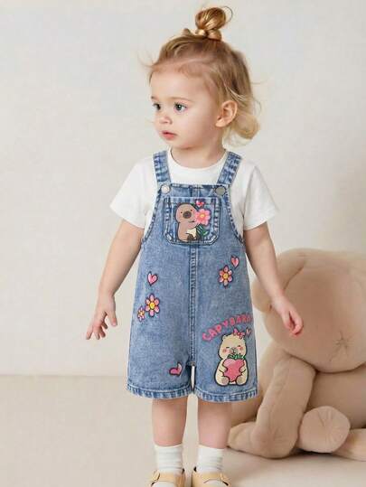 SHEIN Playful Pals Baby Girls' Denim Bib Shorts, Floral, Heart & Cartoon Capybara Print, Adjustable Straps, Suitable For Daily Outings, Parks, Picnics Or Family Activities