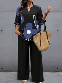 SHEIN LUNE 大码女式印花上衣搭配纯色长裤休闲套装，秋冬款 - 彩色 - 查看 3