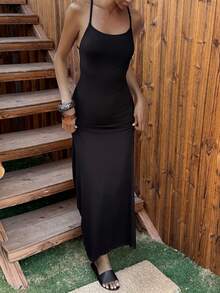 Livesso 黑色吊带露背系带性感紧身连衣裙，适合音乐节、情人节、婚礼、时尚派对、休闲、海滩等场合，女士夏季长款连衣裙，邮轮度假装扮，女士吊带裙 - 黑色 - 查看 7