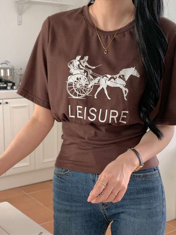 Women's Loose Casual Vacation Letter Print 2 In 1 Round Neck T-Shirt, Spring/Summer