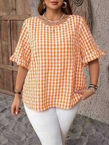 EMERY ROSE Blusa holgada de manga corta con cuello redondo, volantes y estampado a cuadros, talla grande, para verano - Naranja - Ver 3