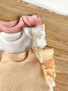 3pcs Newborn Baby Girl Cute Casual Versatile Solid Color Ruffle Trim Knit Top Set - White - View 7
