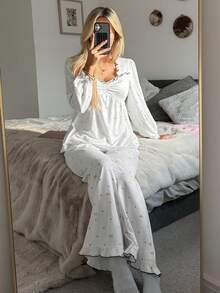 DAZY 甜美蝴蝶结波点撞色滚边荷叶边女士睡衣套装 - 白色 - 查看 6