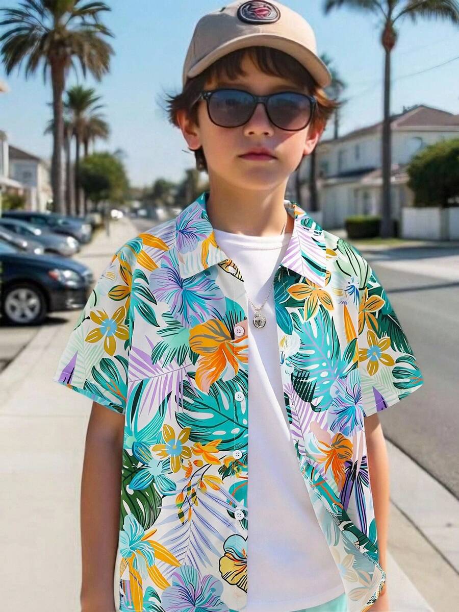 Fantacosmos 适合青少年男孩的可爱度假图案印花衬衫,适合海滩、假日和旅行 - 藍色 - 查看 1