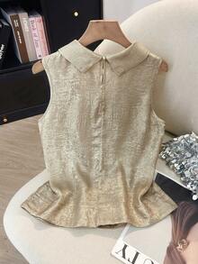 SHEIN Franclia Women's Pleated Halter Neck Sleeveless Elegant Minimalist Tank Top Gold Blouse Elegant Blouse Women Jacquard Blouse Gold Top Sleeveless Blouse Dress Top Gold Blouse For Women Blouse For Women Elegant Classy Women Clothing Dress High Quality Dress Latest Dress Outer Wear For Sleeveless Dress - Apricot - View 2