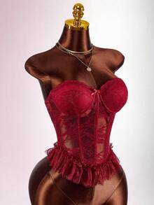 Amplova Women's Lace Top With Sexy Waist Sheer Panel, Built-In Padded Bra And Shapewear, Suitable For Valentine's Day, Dates, New Year Sexy Red Top - Burgundy - View 4