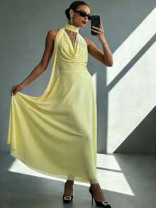 SHEIN Raffinéa 女士新款深V领垂褶系腰连衣裙，优雅适合宴会和晚宴场合 - 黃色 - 查看 6