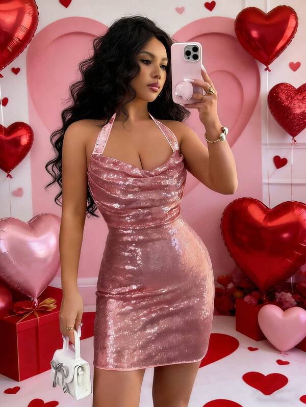Rafferiza Women's Plunging Neckline Sequin Bodycon Halter Backless Dress, Suitable For Parties Pink Sequin Dress Pink Club Dress Sexy Birthday Dress Slay Diva Dress Pink Glitter Dress