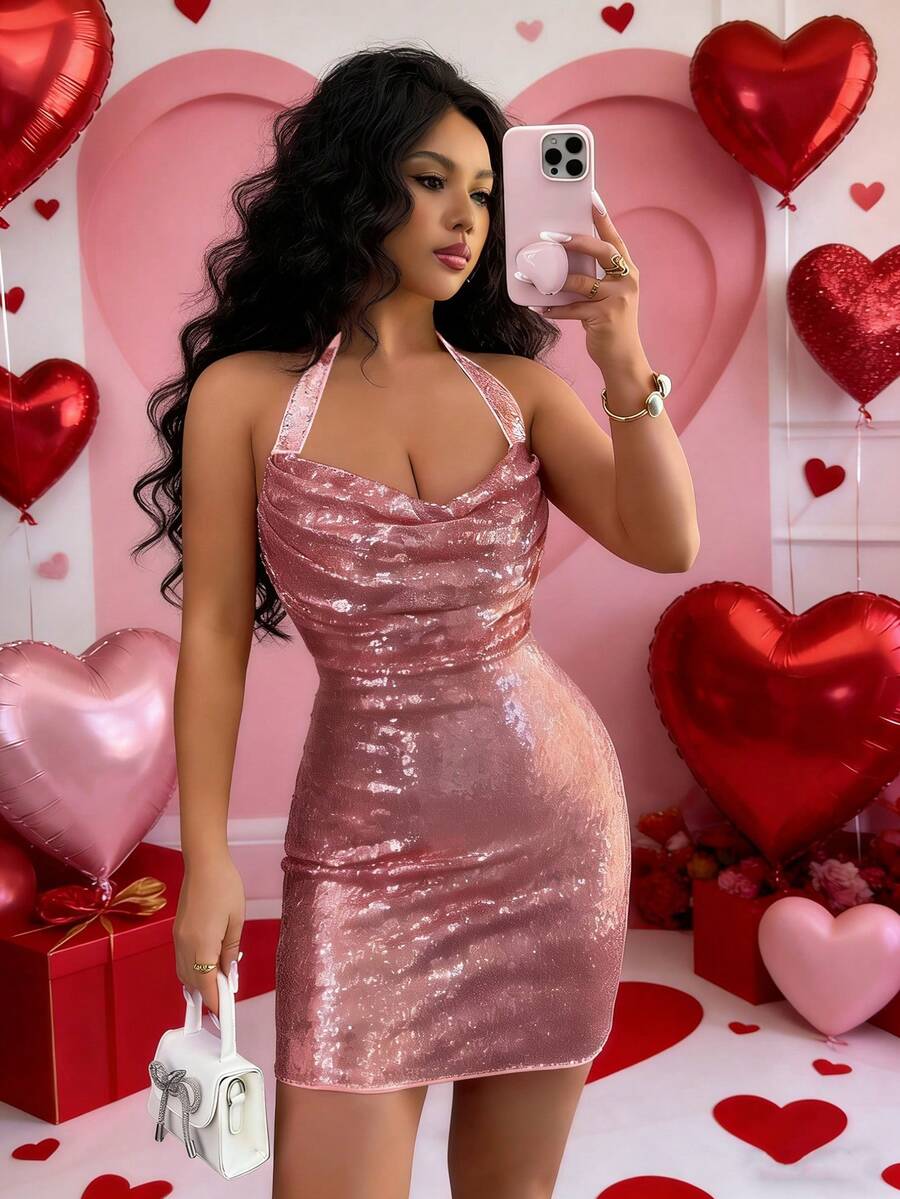 Rafferiza Women's Plunging Neckline Sequin Bodycon Halter Backless Dress, Suitable For Parties - Pink - View 1