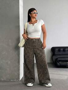 SHEIN ICON Y2K街头风休闲加大码豹纹宽松牛仔裤 - 彩色 - 查看 3