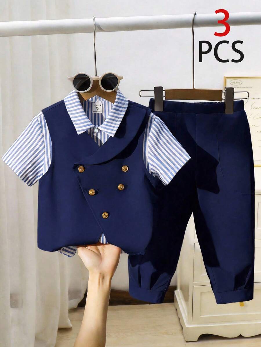 SHEIN 三件套/经济实惠的休闲运动学院风彩色条纹缎带装饰Polo领短袖衬衫和卡其色梭织短裤套装，适合日常穿着、春夏运动、郊游、校园活动、聚会、节日庆典、婚礼、婚宴等场合。