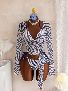 Swim Vcay Bộ đồ bơi mùa hè dành cho nữ, họa tiết da báo retro, chất liệu lưới, cổ chữ V sâu, thiết kế buộc dây bên hông, họa tiết hoang dã kết hợp với vải chiffon mỏng nhẹ, thích hợp cho kỳ nghỉ biển. - Nhiều màu - Xem 1