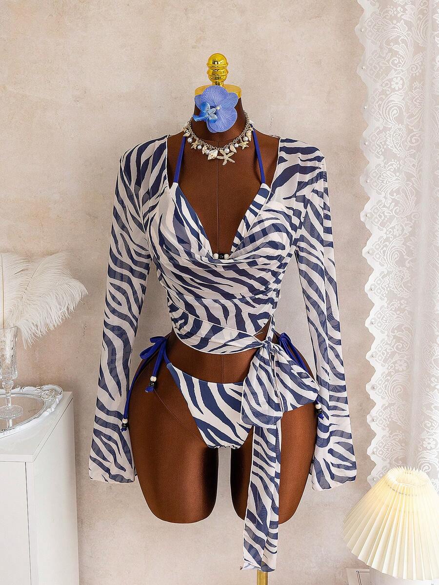 Swim Vcay Bộ đồ bơi mùa hè dành cho nữ, họa tiết da báo retro, chất liệu lưới, cổ chữ V sâu, thiết kế buộc dây bên hông, họa tiết hoang dã kết hợp với vải chiffon mỏng nhẹ, thích hợp cho kỳ nghỉ biển. - Nhiều màu - Xem 1