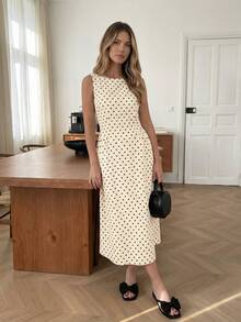 Easowa 女士波点印花圆领无袖休闲时尚连衣裙 - 黑與白 - 查看 3