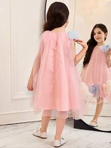 SHEIN Young Girls Blush Pink Tulle Dress,Summer Flower Girl Formal Fairy Dress With Bows,Girls Sleeveless Mesh Patchwork Ruffle Hem Pastel Woven Dress - Multicolor - View 2