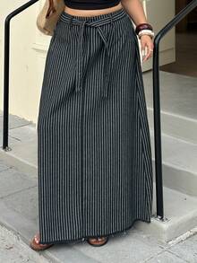 Dazy Plus 休闲条纹A字中长牛仔裙，松紧腰设计，春夏款 - 黑色 - 查看 6