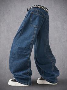 Manfinity Denimwave Men's Y2K Streetwear Loose Fit Distressed Patchwork Denim Wide Leg Jeans - Dark Wash - View 2