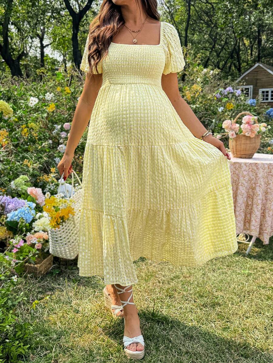 SHEIN Maternity Solid Color Square Neck Petal Sleeve Ruffle Hem Pleated Dress - Yellow - View 1