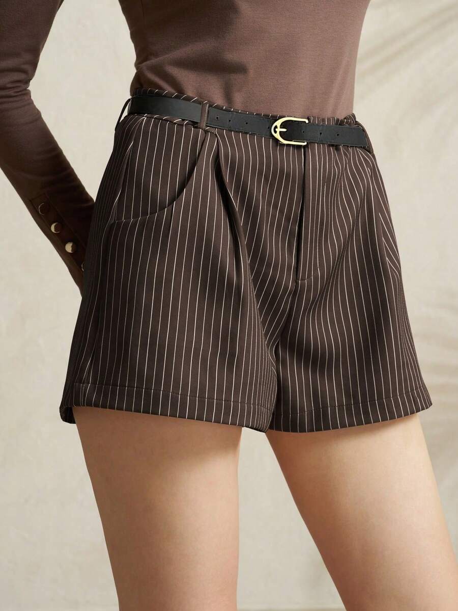 Airaco Quần short sọc túi bên hông thời trang đi làm thường ngày dành cho nữ - Cà phê nâu - Xem 1