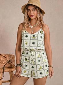 Freevana 大码女式假日阳光印花休闲连体衣 - 綠色 - 查看 5