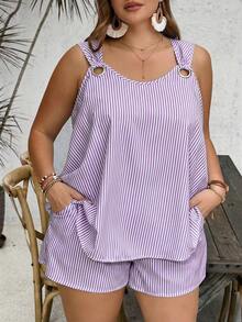 SHEIN VCAY Setelan Pantai 2 Potong Wanita Ukuran Besar Musim Panas Motif Kamisol dan Celana Pendek Garis-garis Biru & Putih - Purple - View 1