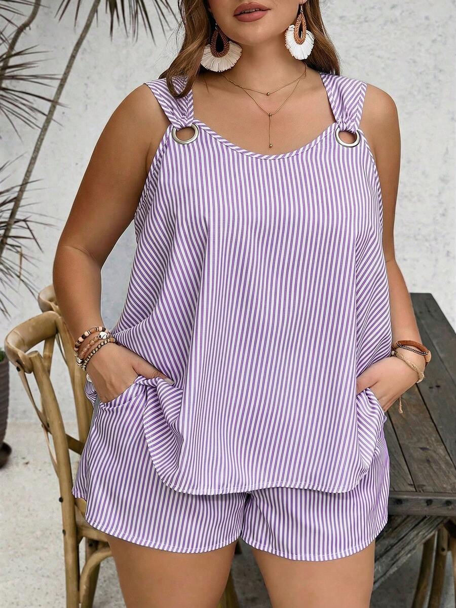 SHEIN VCAY Setelan Pantai 2 Potong Wanita Ukuran Besar Musim Panas Motif Kamisol dan Celana Pendek Garis-garis Biru & Putih - Purple - View 1