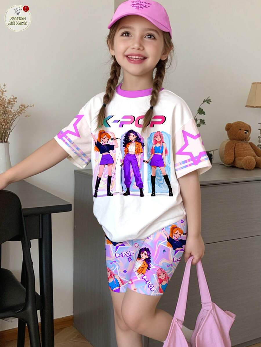 SHEIN 2件套少女休闲时尚彩色韩流女团字母星星印花圆领短袖T恤和短裤套装,适合夏季穿着 - 彩色 - 查看 1
