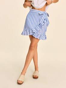 SHEIN VCAY Falda de rayas con nudo cruzado bajo fruncido - Azul y blanco - Ver 4