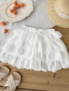 SHEIN LMoss Kids Young Girls' French Elegant Cotton Embroidered Cake Skirt Shorts - White - View 1