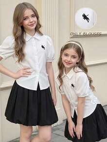 Tween Girls' Casual Vacation White Puff Sleeve Blouse, Spring/Summer Tops, Versatile For Vacation, Travel & Various Occasions - White - View 1